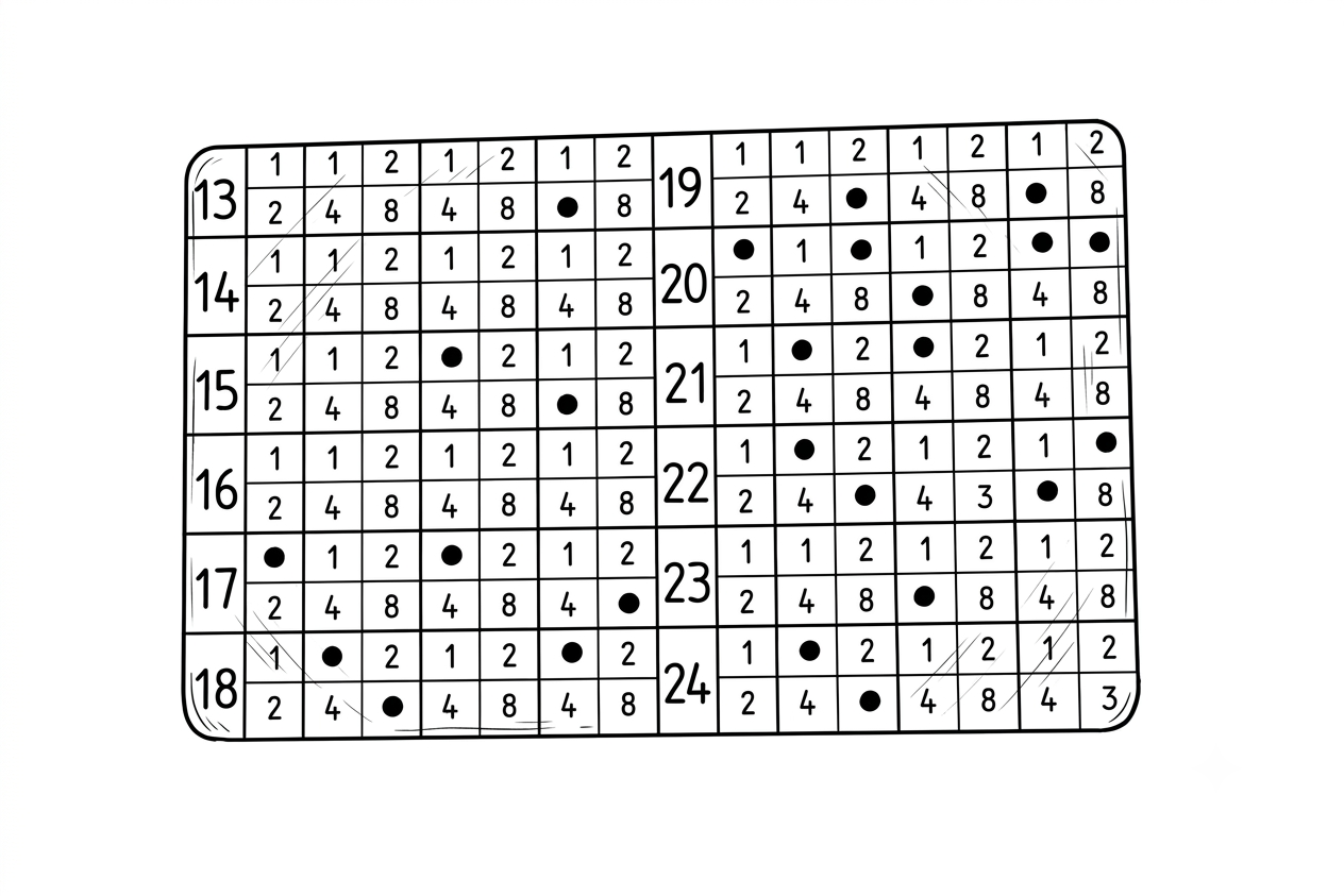 Diagrama de um cartão metálico 1248 com as palavras 13 a 24: cada linha numerada traz quatro colunas com os valores 1, 2, 4 e 8, e os pontos preenchidos marcam os valores que somam cada dígito do número da palavra.