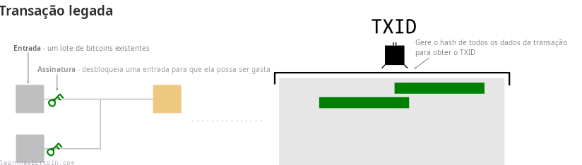 Diagrama mostrando a posição das assinaturas em uma transação legada e o TXID sendo criado a partir de todos os dados da transação.
