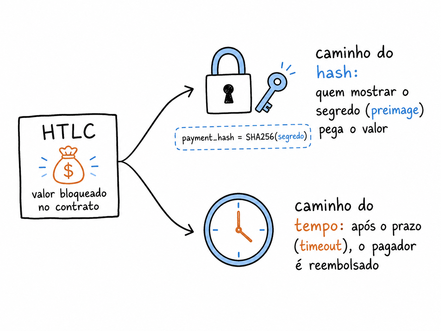 Um HTLC como uma bifurcação: caminho do hash (recebedor com o preimage pega o valor) e caminho do tempo (pagador é reembolsado após o timeout).