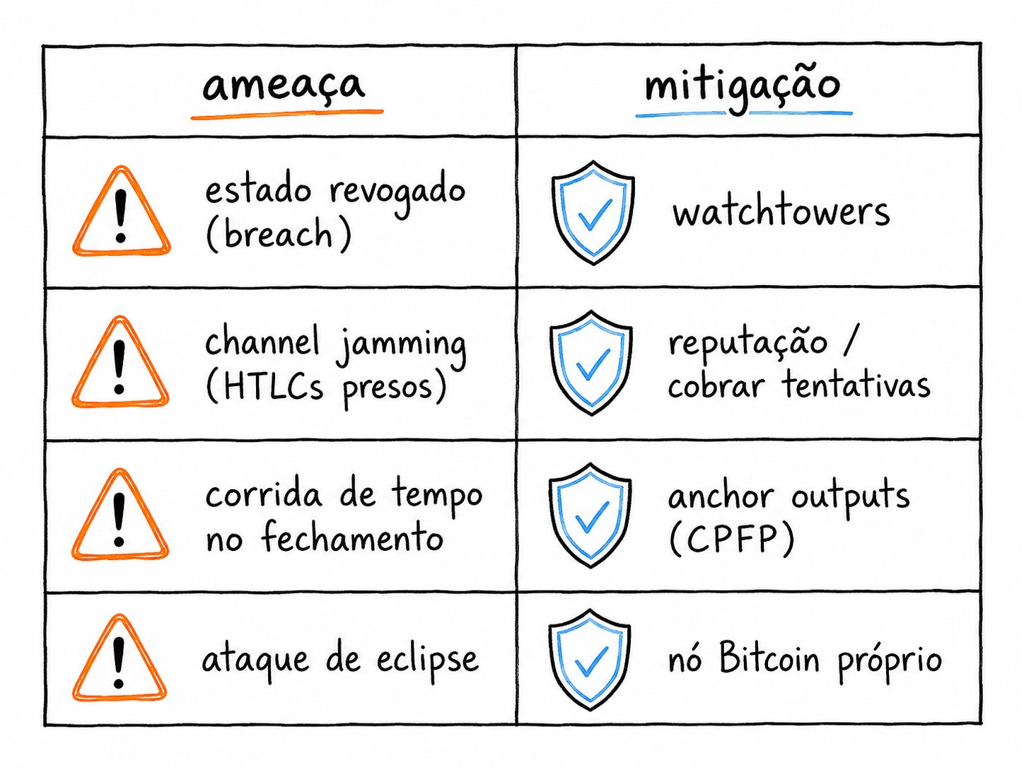 Resumo das ameaças da Lightning (estado revogado, channel jamming, corrida de tempo no fechamento, eclipse) e suas mitigações (watchtowers, reputação, anchor/CPFP, nó próprio).