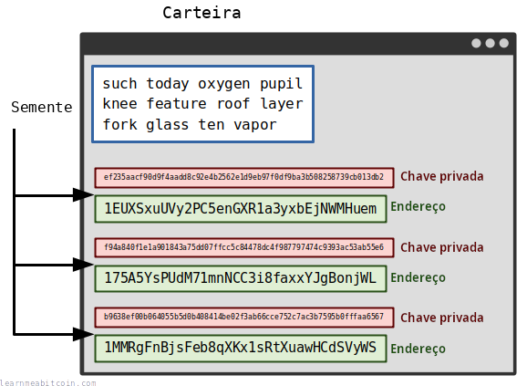 Diagrama mostrando uma semente como a fonte de todas as chaves privadas e endereços de uma carteira.