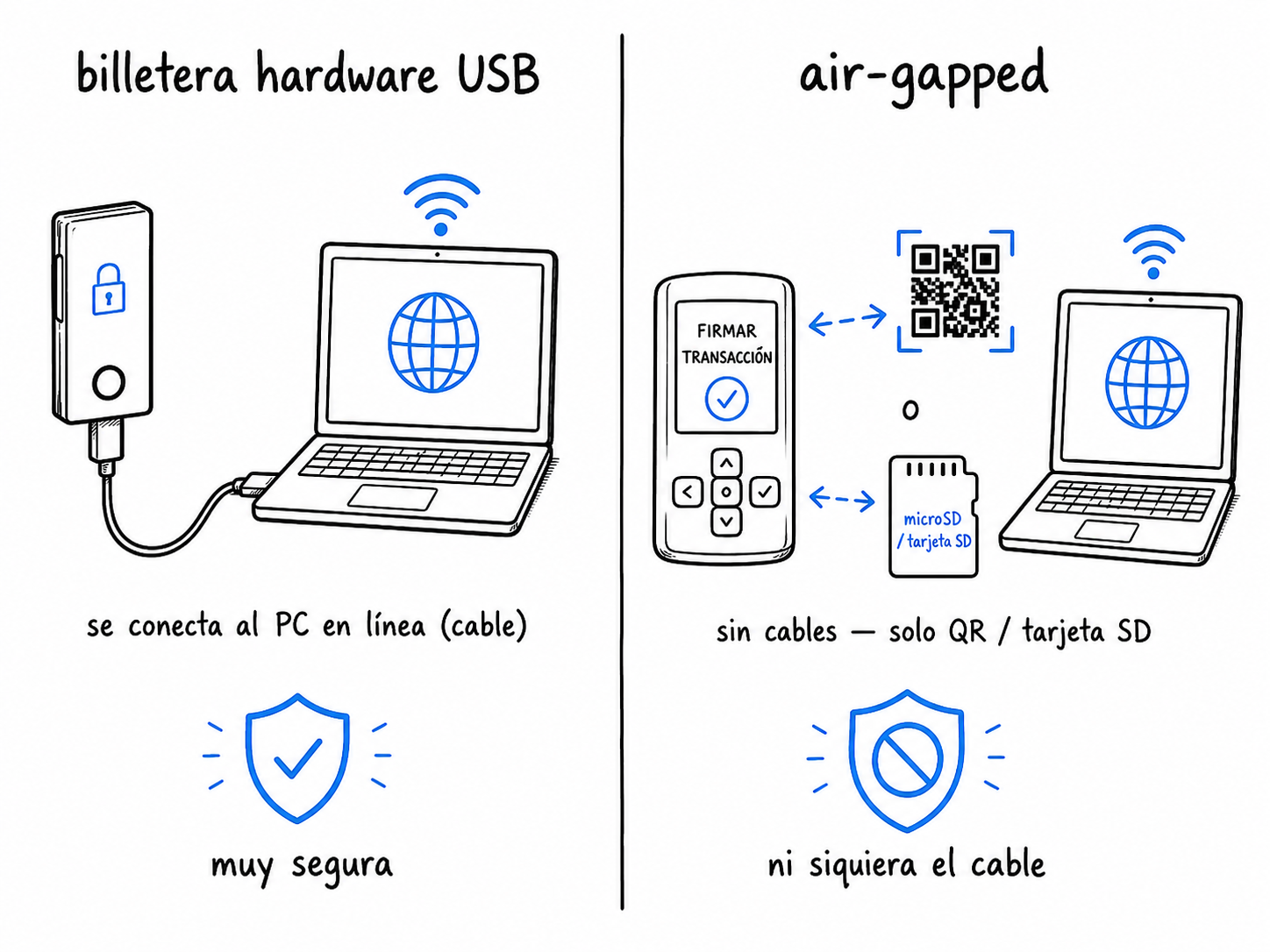 Comparación: billetera hardware USB conectada por cable a un ordenador online, versus dispositivo air-gapped que se comunica solo por QR code y microSD, sin cables.