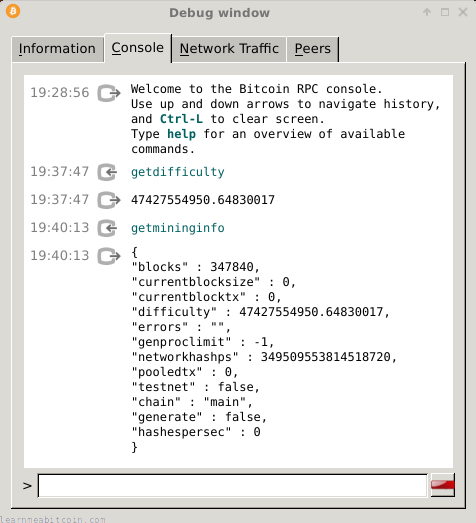 Captura de pantalla que muestra el resultado de un comando 'getdifficulty' en el cliente Bitcoin Core.