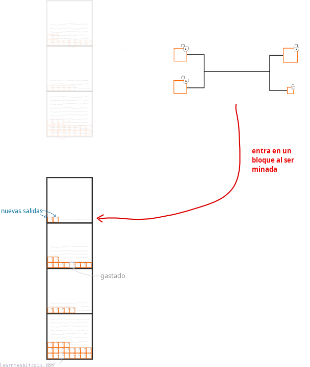 Diagrama que muestra una transacción gastando salidas existentes y añadiendo nuevas salidas a la blockchain.