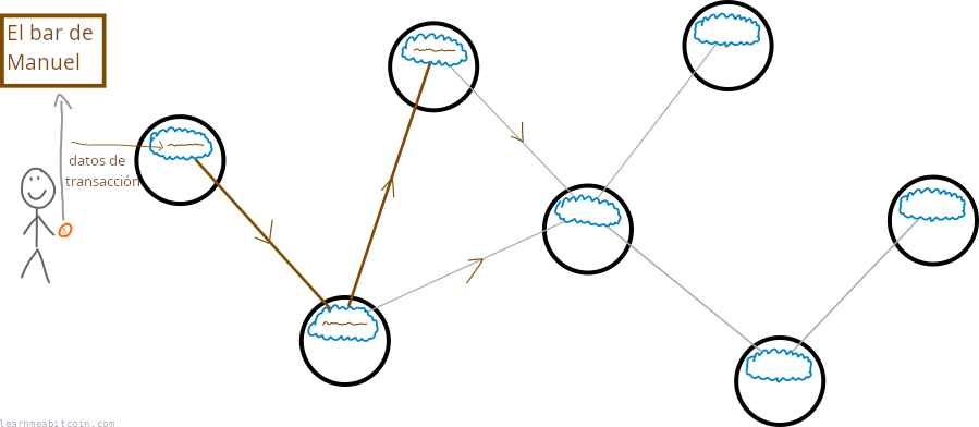 Diagrama que muestra una transacción propagándose por la red.