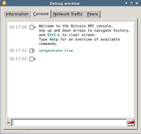 Captura de pantalla del comando setgenerate para minar en Bitcoin Core.