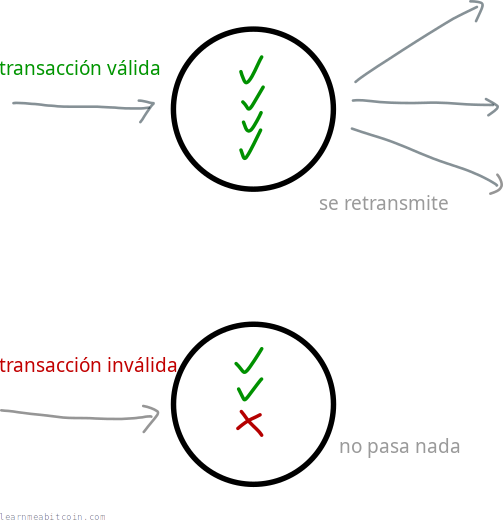 Diagrama que muestra un nodo validando transacciones antes de retransmitirlas.