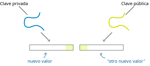 Diagrama que muestra dos valores separados calculados a partir de la clave privada y la clave pública de forma independiente.
