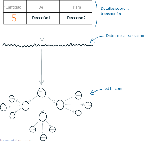 Diagrama que muestra una transacción siendo enviada a la red bitcoin.