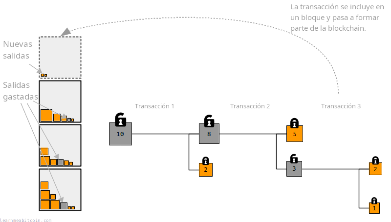 Diagrama que muestra transacciones gastando y creando salidas dentro de la blockchain.