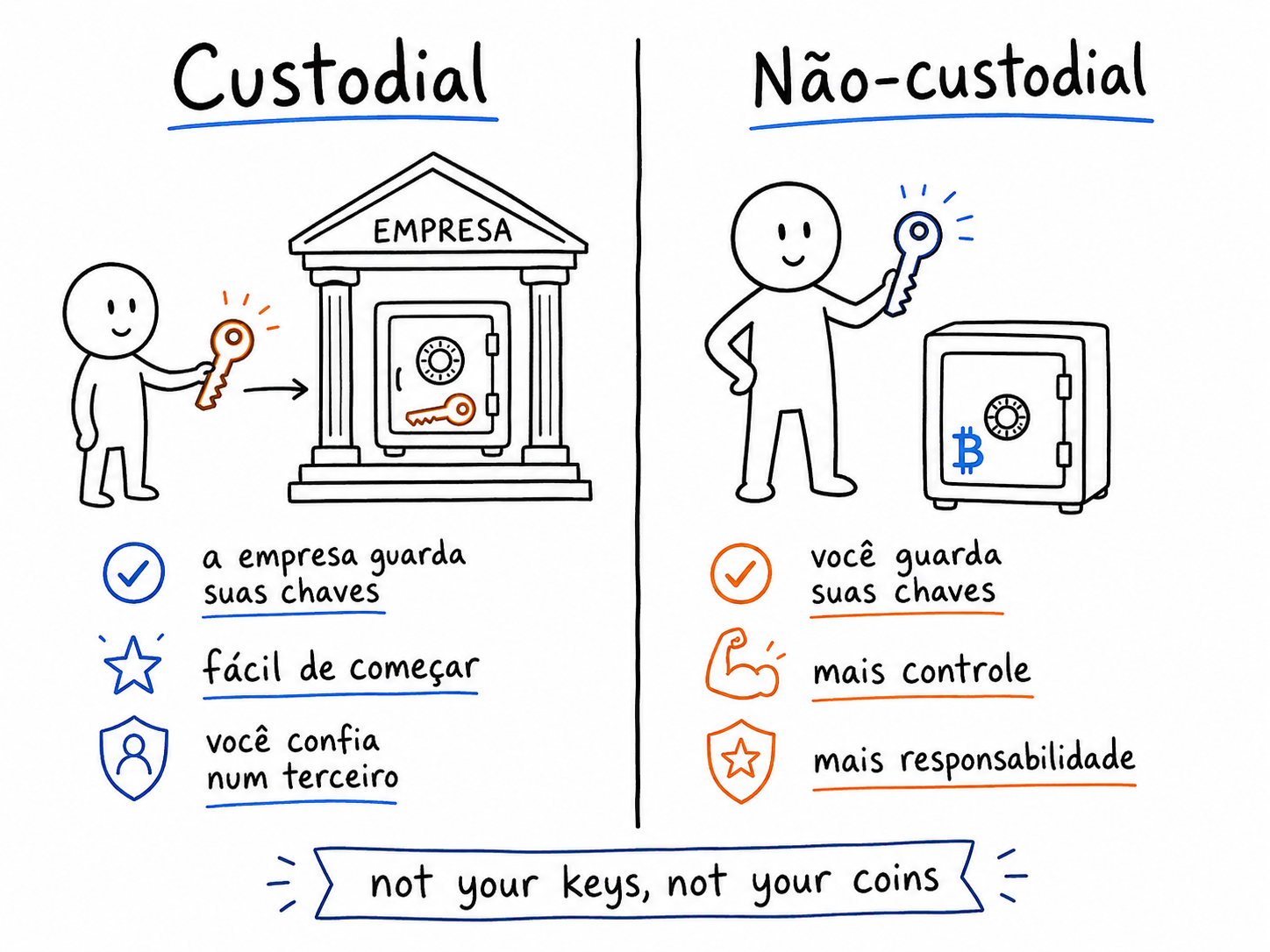 Comparação entre carteira custodial, em que uma empresa guarda as chaves, e carteira não-custodial, em que o usuário controla as próprias chaves.