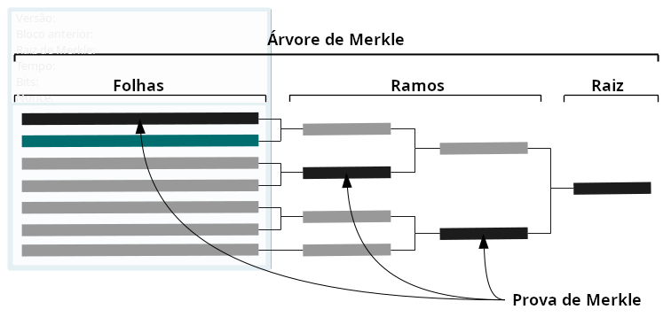 Com uma árvore de Merkle, você só precisa dos ramos específicos (a prova de Merkle) para reconstruir o hash final (a raiz de Merkle).