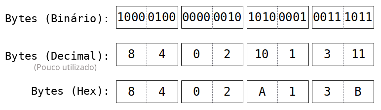 Diagrama mostrando bytes de dados representados em binário, decimal e hexadecimal.
