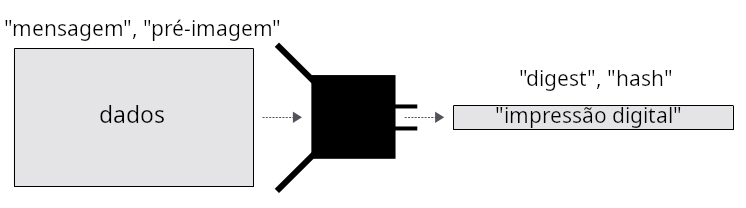 Diagrama mostrando os termos técnicos para a entrada e saída de uma função de hash.