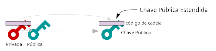 Diagrama mostrando uma chave privada estendida e sua chave pública estendida correspondente.