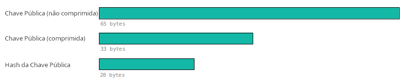 Diagrama mostrando a diferença de tamanho entre uma chave pública não comprimida/comprimida e um hash da chave pública.