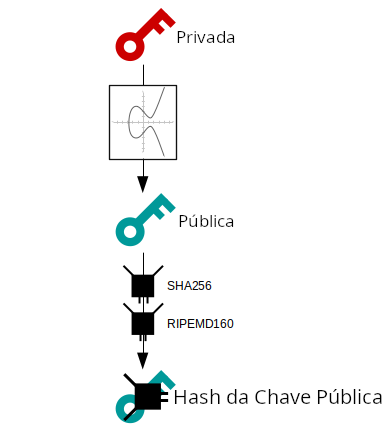 Diagrama mostrando um hash da chave pública como o HASH160 (SHA-256 + RIPEMD-160) de uma chave pública.