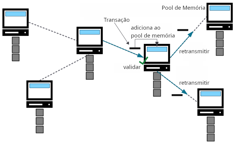 Diagrama mostrando nós retransmitindo novas transações pela rede e adicionando-as às suas memory pools.