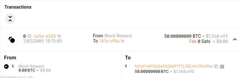 Captura de tela da transação gênese no explorador blockchain.com.
