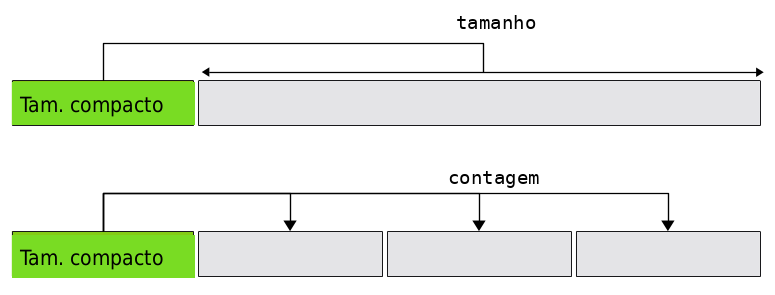 Diagrama mostrando como o campo compact size indica o tamanho ou a contagem de itens a seguir.