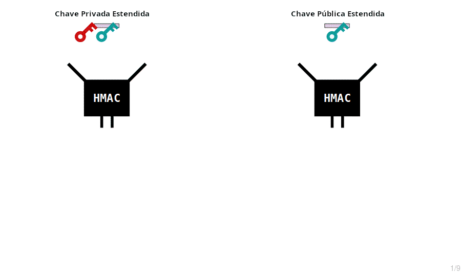 Animação mostrando a derivação de chaves privadas e públicas estendidas filhas normais.