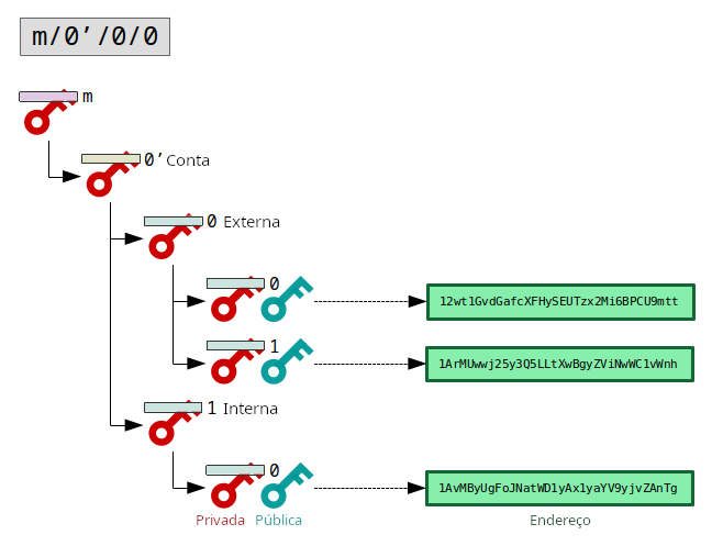 Diagrama mostrando o caminho de derivação para uma carteira BIP 32.