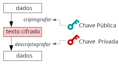 Diagrama mostrando um par de chave privada e chave pública sendo usado para criptografia e descriptografia.