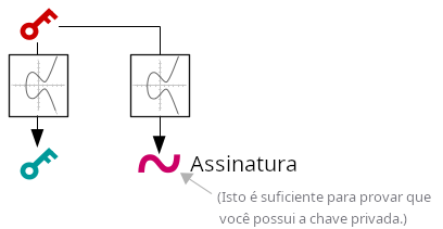 Diagrama mostrando que uma assinatura é calculada a partir de uma chave privada e também mantém uma conexão matemática com a chave pública.