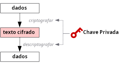 Diagrama mostrando uma única chave privada sendo usada para criptografia e descriptografia.