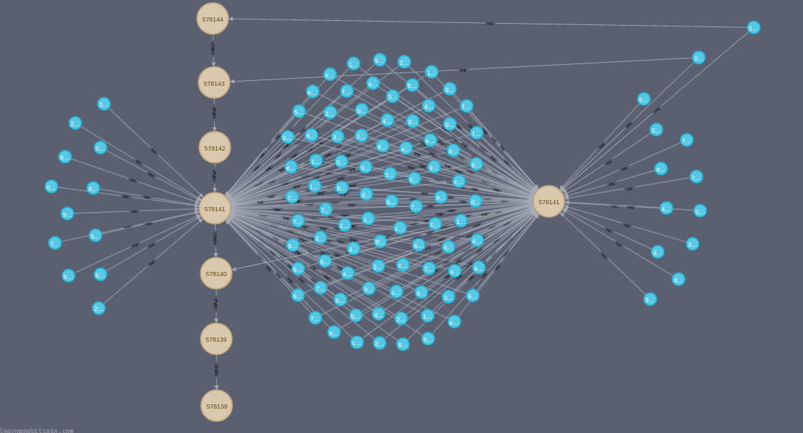 Diagrama mostrando um exemplo real de reorganização da cadeia, com transações do bloco stale sendo re-mineradas em um bloco posterior.
