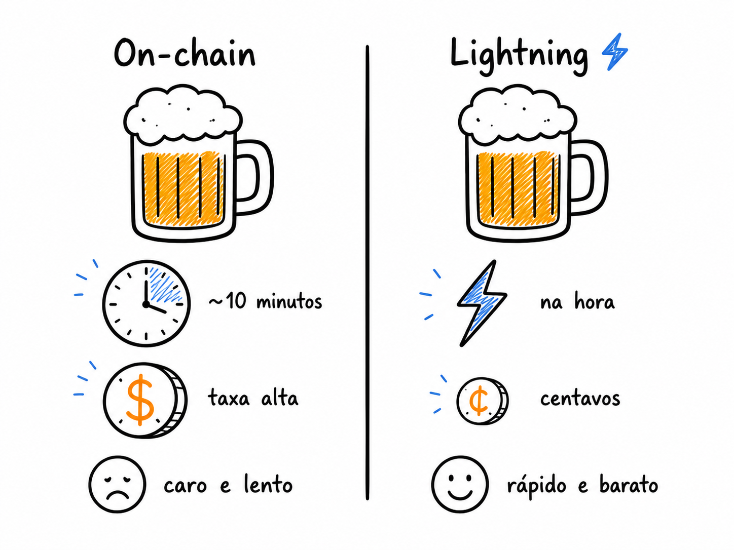 Comparação de pagar uma cerveja: on-chain exige confirmação e taxa de mineração; Lightning usa um canal e liquida rápido fora da blockchain.
