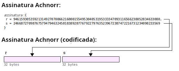 Diagrama mostrando a codificação de uma assinatura Schnorr para uso em transações Bitcoin.