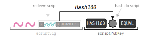 Diagrama mostrando a localização do Script Hash em um script de travamento P2SH.