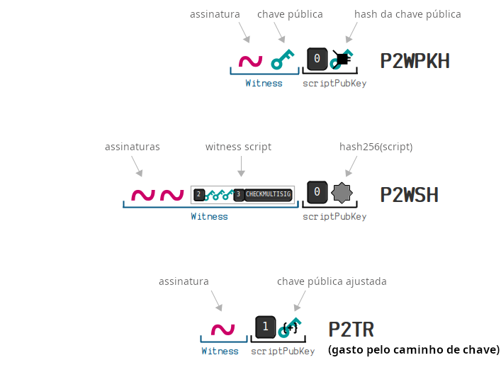Diagrama mostrando uma lista completa dos scripts padrão segwit usados no bitcoin.