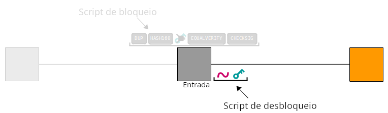 Diagrama mostrando a localização de um script de destravamento (ScriptSig) em uma entrada de transação.