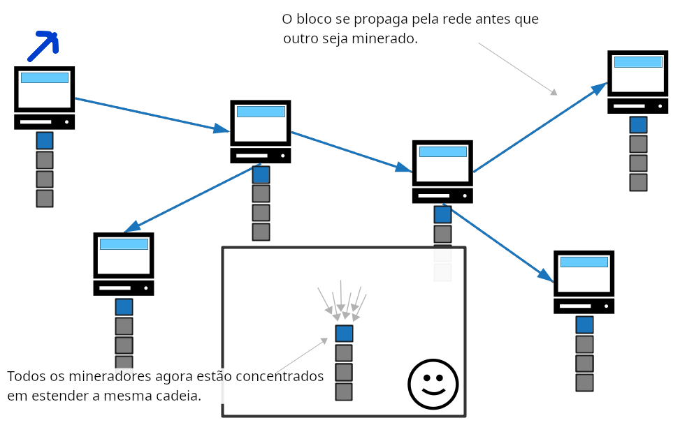 Diagrama mostrando mineradores focados em estender a mesma blockchain porque o bloco mais recente teve tempo de se propagar pela rede.